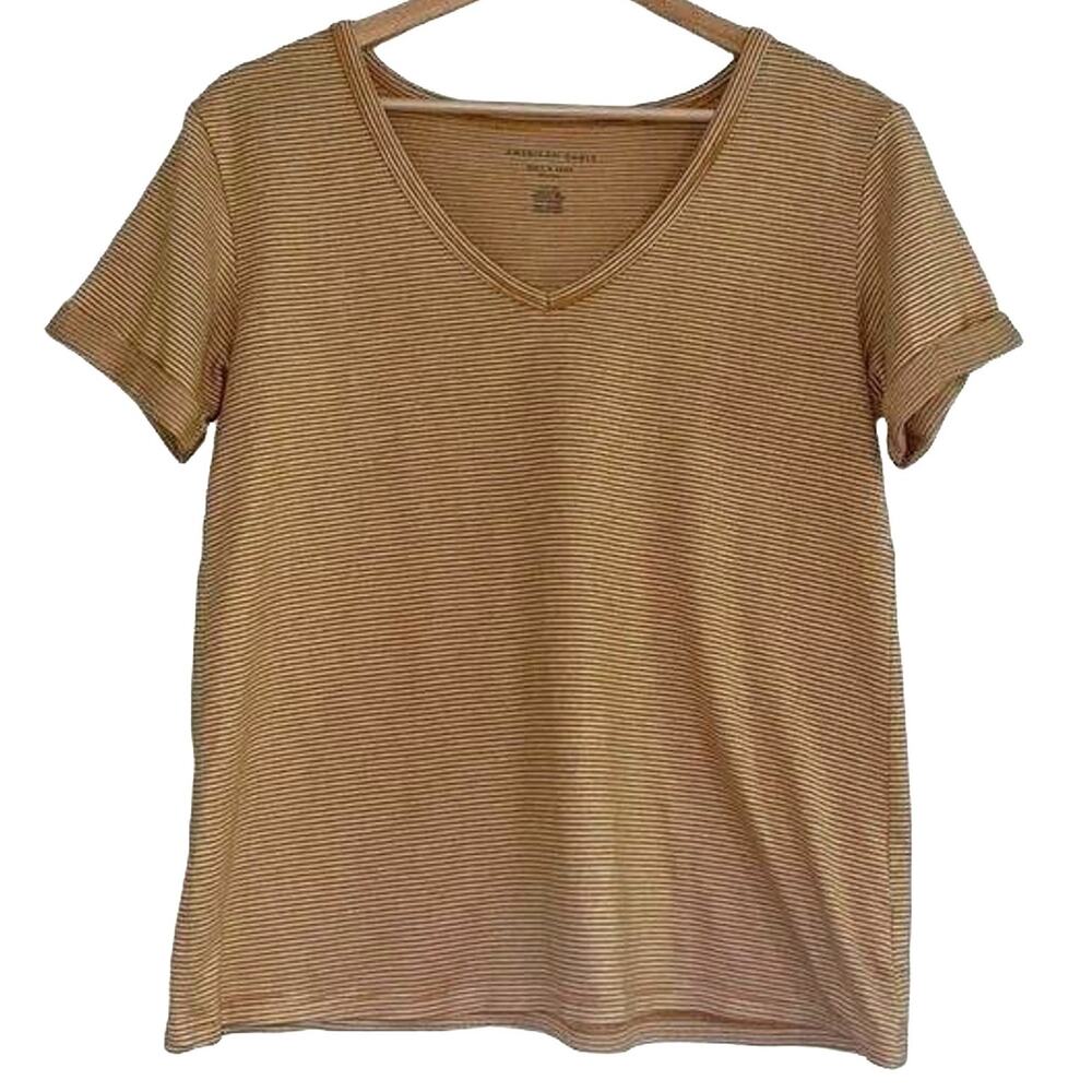 American Eagle Yellow & White Striped Plush V-Neck Tee | Size Small